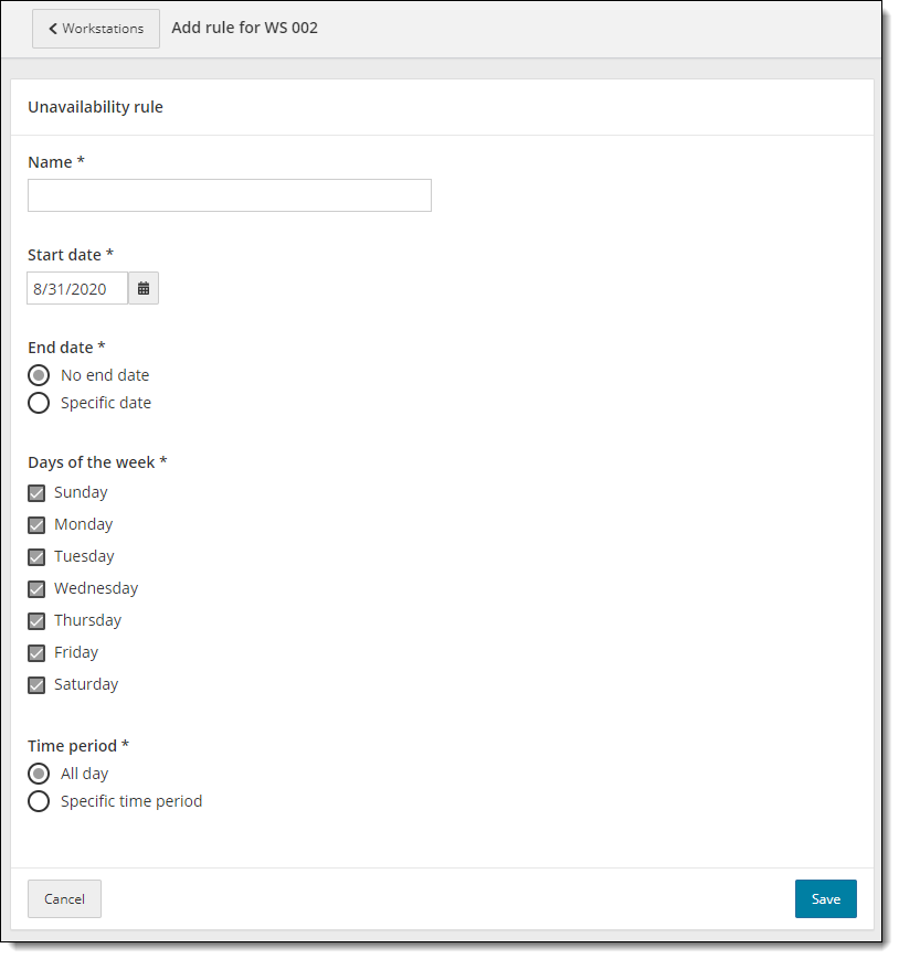 Add unavailability rule page